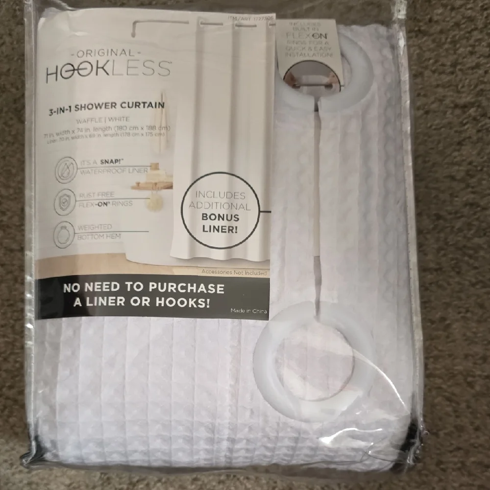 White Shower Curtain with Flex-On Rings